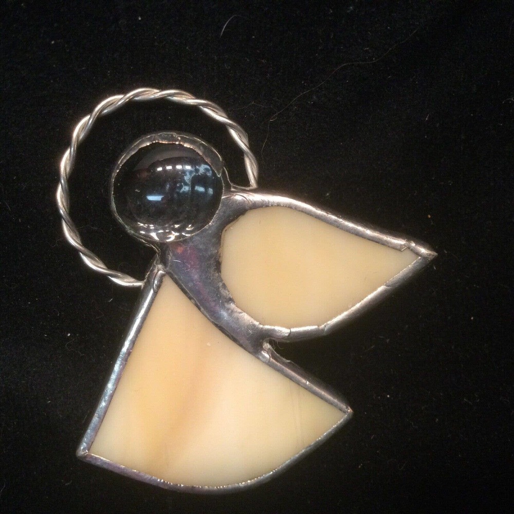 VTG Slag Glass Cream Angel Brooch Pin Silver Tone Christmas Holiday Halo 2”